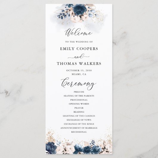 Hochzeitsprogramm für Navy Blue und Dusty Rose Programm (Vorderseite)