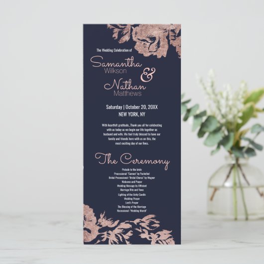 Hochzeitsprogramm für Navy Blue und Rose Gold Flor Programm (Stehend Vorderseite)