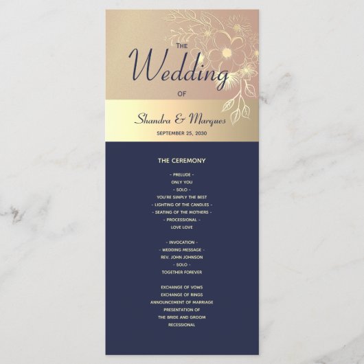 Hochzeitsprogramm für Navy Blue und Rose Gold Programm (Vorderseite)