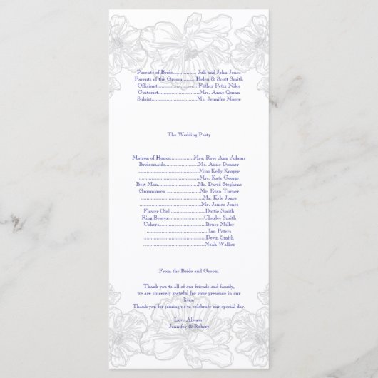 Hochzeitsprogramm für Navy Blue und White Floral Programm (Rückseite)