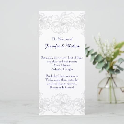 Hochzeitsprogramm für Navy Blue und White Floral Programm (Stehend Vorderseite)