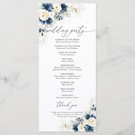 Hochzeitsprogramm für Navy Blue und White Roses Programm (Rückseite)