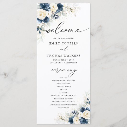 Hochzeitsprogramm für Navy Blue und White Roses Programm (Vorderseite)