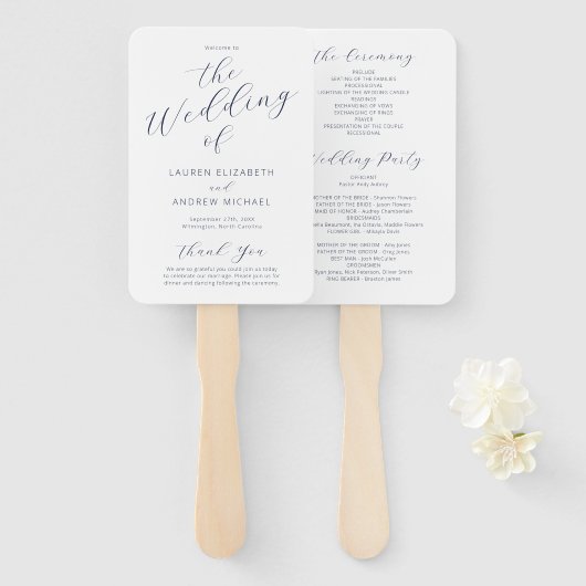 Hochzeitsprogramm für Navy Blue White Modern Calli Fächer (Vorne und Hinten)