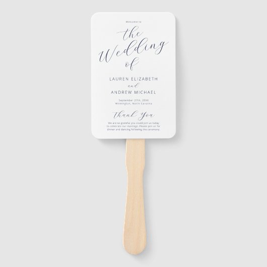 Hochzeitsprogramm für Navy Blue White Modern Calli Fächer (Vorderseite)