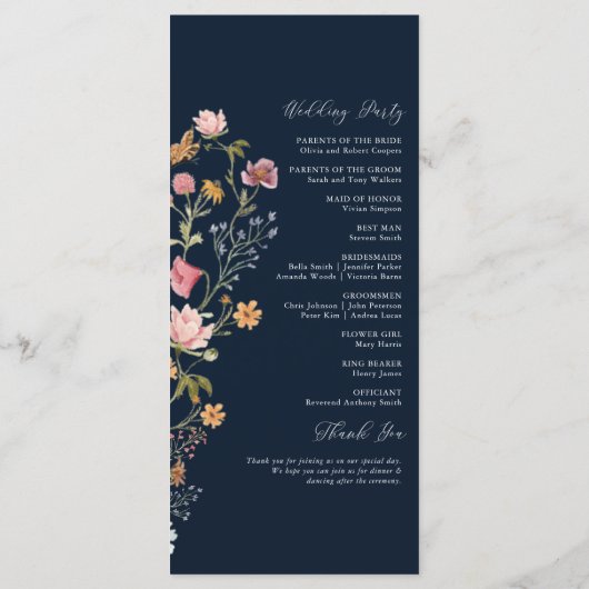 Hochzeitsprogramm für Navy Blue Wildblumen Programm (Rückseite)