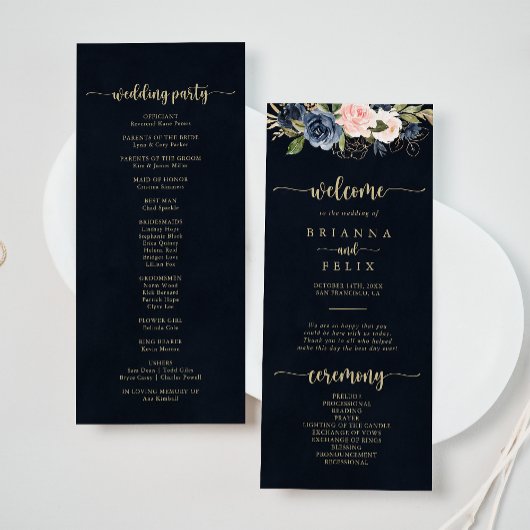Hochzeitsprogramm für Navy Blush Floral Gold Programm