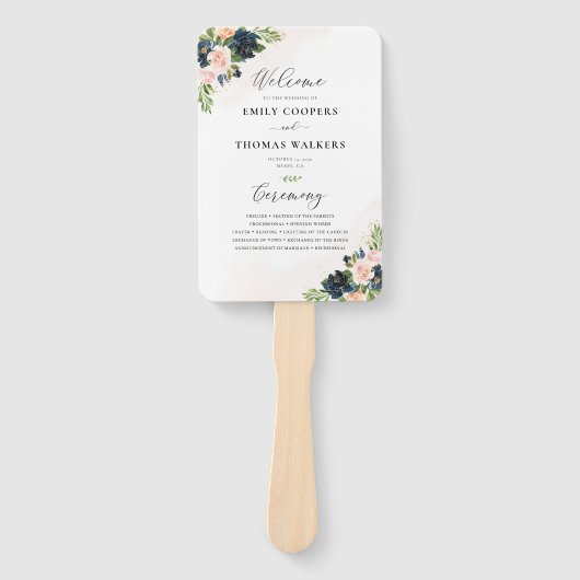 Hochzeitsprogramm für Navy & Blush Pink Floral Han Fächer (Vorderseite)