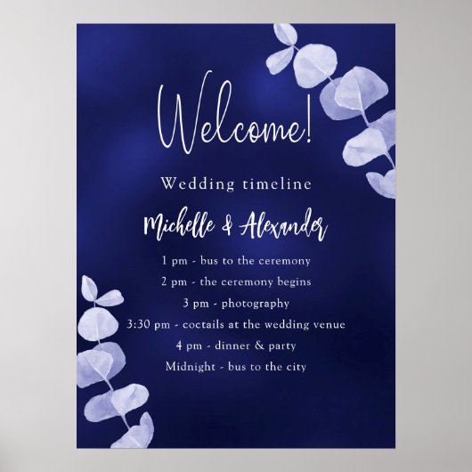 Hochzeitsprogramm für Navy-Eukalyptus Poster (Vorne)