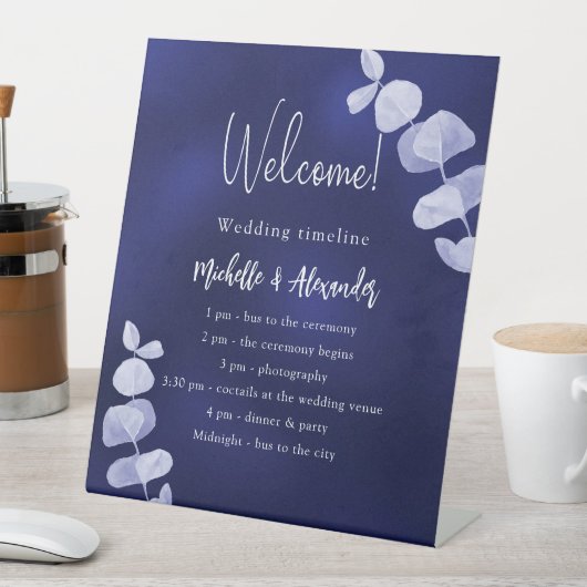 Hochzeitsprogramm für Navy-Eukalyptus Sockelschild (In Situ)