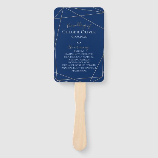 Hochzeitsprogramm für Navy Gold Geometric Fächer (Vorderseite)