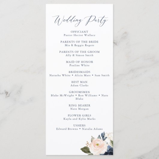 Hochzeitsprogramm für Navy und Blush Pink Menükarte (Rückseite)