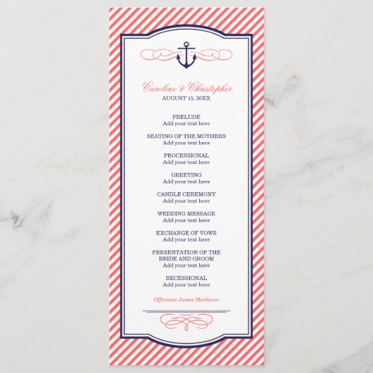 Hochzeitsprogramm für Navy und Korallen Programm (Vorderseite)