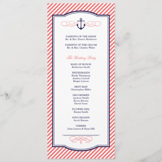 Hochzeitsprogramm für Navy und Korallen Programm (Rückseite)