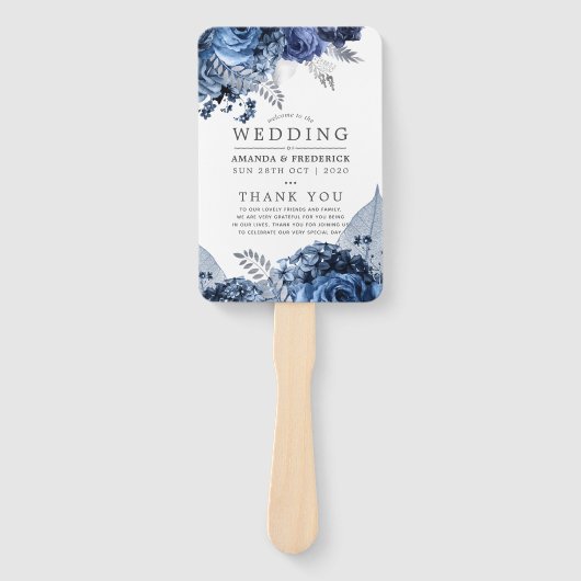 Hochzeitsprogramm für Navy und Weiß mit Silberfoli Fächer (Vorderseite)