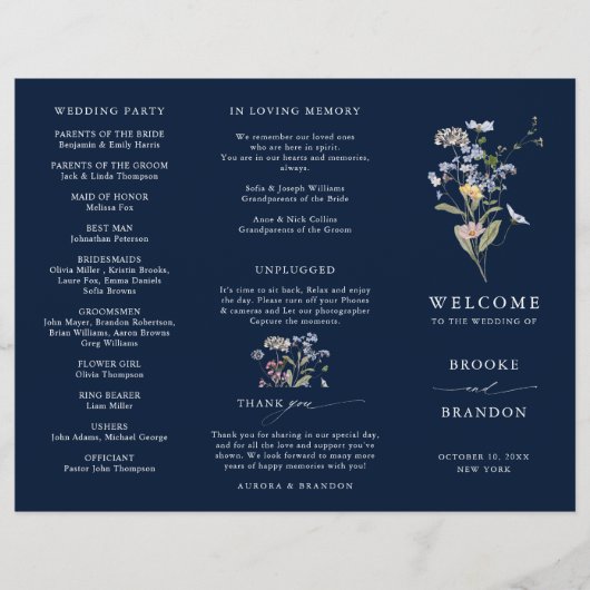 Hochzeitsprogramm für Navy Wildblume Meadow Garden (Vorderseite)