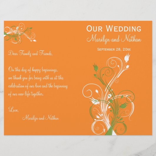 Hochzeitsprogramm für Orange, Grün und Weiß (Vorderseite)