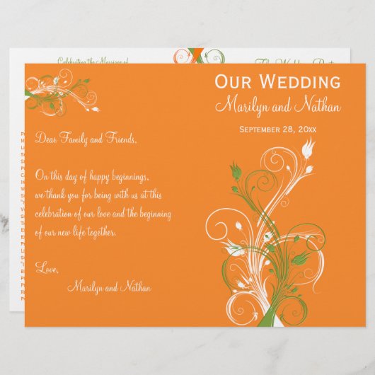 Hochzeitsprogramm für Orange, Grün und Weiß (Vorne/Hinten)