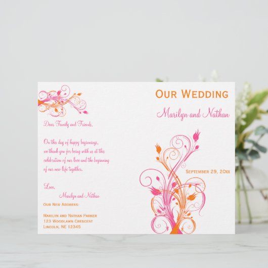 Hochzeitsprogramm für Orangen, Rosa und Weiße Flor (Stehend Vorderseite)