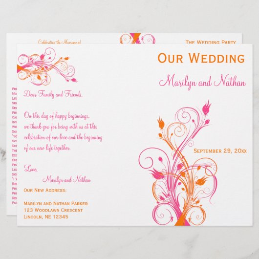 Hochzeitsprogramm für Orangen, Rosa und Weiße Flor (Vorne/Hinten)