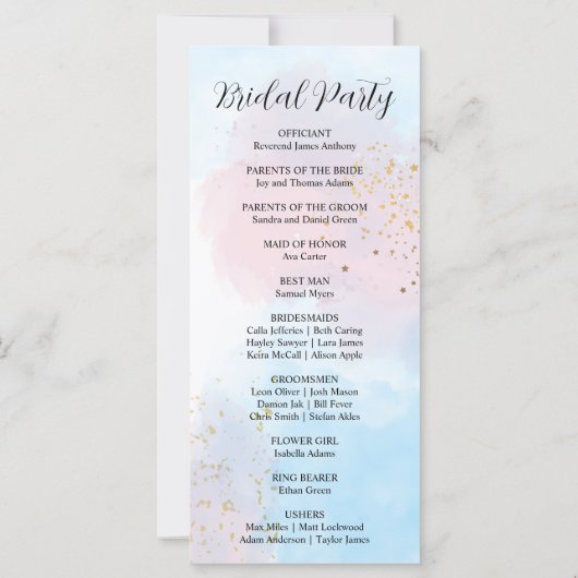 Hochzeitsprogramm für Pastellrosa und Blaue Wasser (Rückseite)