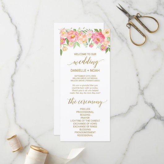 Hochzeitsprogramm für Peach and Pink Peony Blume Programm (Vorderseite/Rückseite Beispiel)