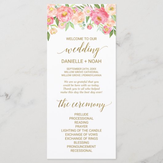 Hochzeitsprogramm für Peach and Pink Peony Blume Programm (Vorderseite)