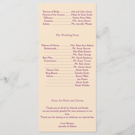 Hochzeitsprogramm für Pflaumen und Champagner Programm (Rückseite)