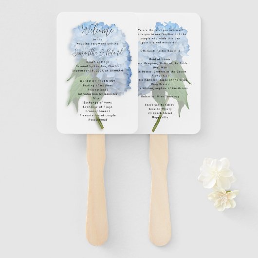 Hochzeitsprogramm für Real Blue Hydrangea-Blume Fächer (Vorne und Hinten)
