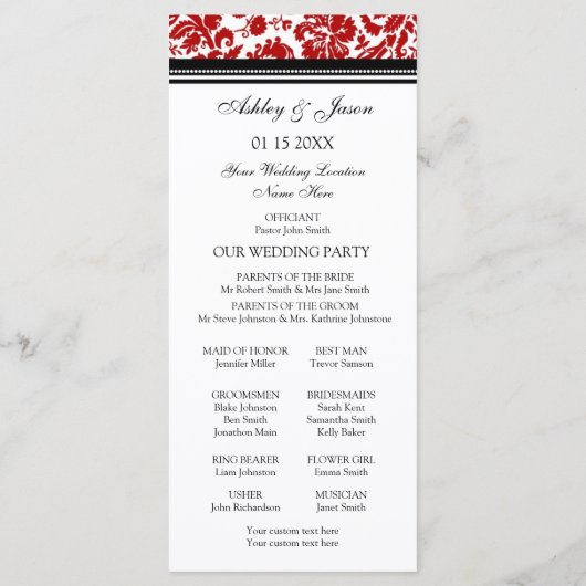 Hochzeitsprogramm für Red Black Damask Programm (Rückseite)