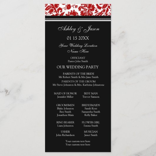 Hochzeitsprogramm für Red Black Damask Programm (Rückseite)