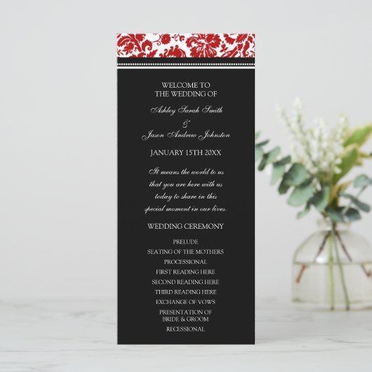 Hochzeitsprogramm für Red Black Damask Programm (Stehend Vorderseite)