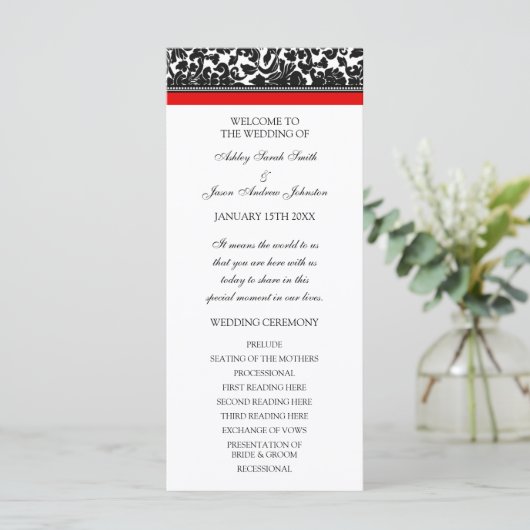 Hochzeitsprogramm für Red Black Damask Programm (Stehend Vorderseite)