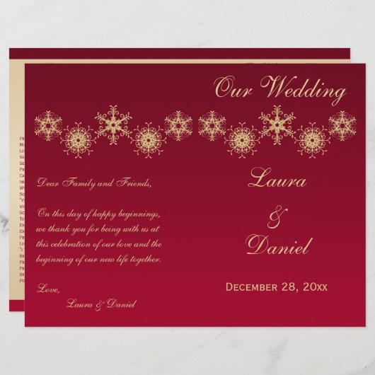 Hochzeitsprogramm für Red, Gold Glitzer Snowflakes (Vorne/Hinten)