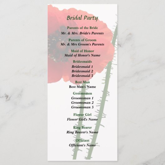 Hochzeitsprogramm für Red Poppy und Bud Programm (Rückseite)