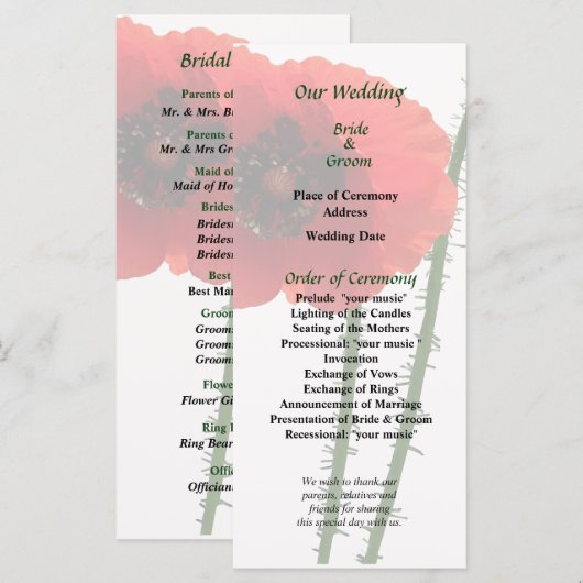 Hochzeitsprogramm für Red Poppy und Bud Programm (Vorne/Hinten)