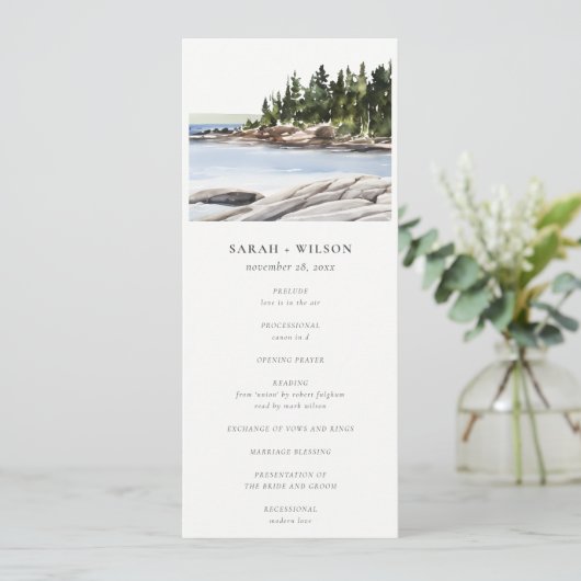 Hochzeitsprogramm für Rocky Pine Mountain Seascape Einladung (Stehend Vorderseite)