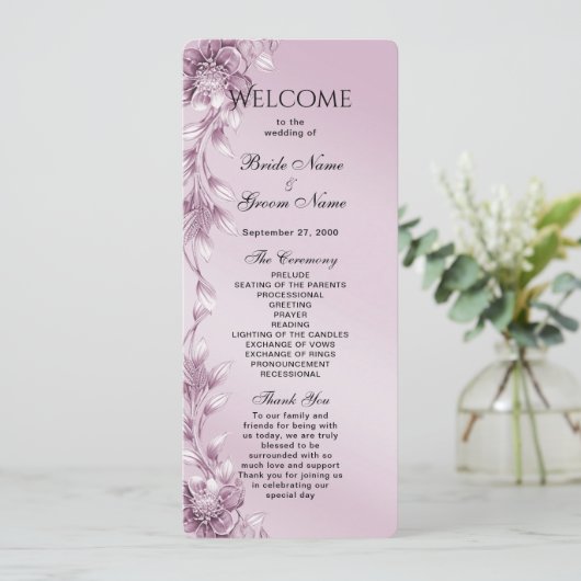 Hochzeitsprogramm für rosa Blätter Programm (Stehend Vorderseite)