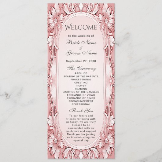 Hochzeitsprogramm für rosa Blumenrahmen Programm (Vorderseite)