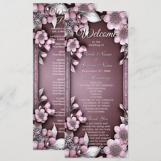 Hochzeitsprogramm für rosa Blumenrahmen Programm (Vorne/Hinten)
