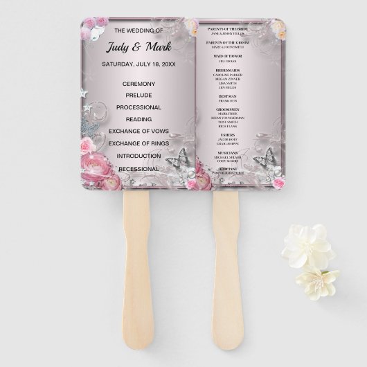 Hochzeitsprogramm für Rosa Blüten und Schmetterlin Fächer (Vorne und Hinten)