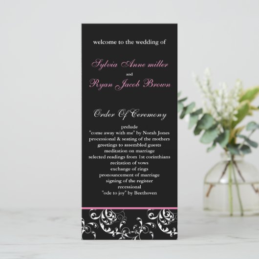 Hochzeitsprogramm für rosa Damast Programm (Stehend Vorderseite)