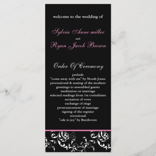 Hochzeitsprogramm für rosa Damast Programm (Vorderseite)