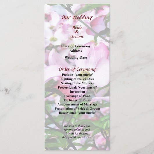 Hochzeitsprogramm für Rosa Dogwood-Blüten Programm (Vorderseite)