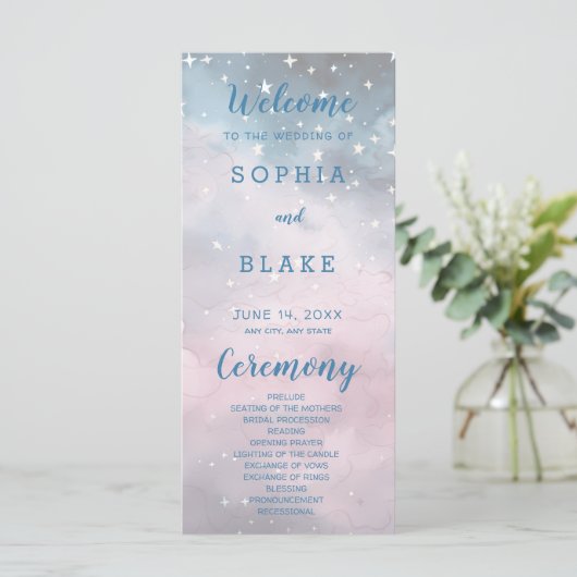 Hochzeitsprogramm für Rosa und Blaue Sterne (Stehend Vorderseite)