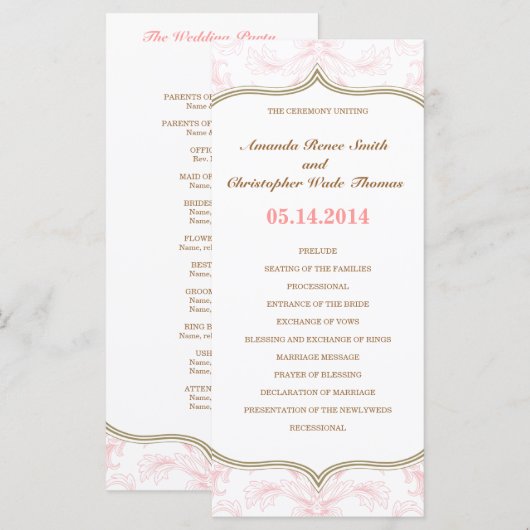 Hochzeitsprogramm für Rosa und Gold Programm (Vorne/Hinten)
