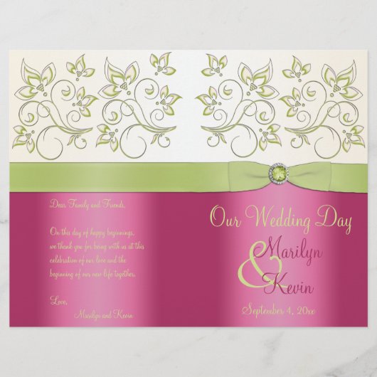 Hochzeitsprogramm für Rosa und Grüne Flora (Vorderseite)