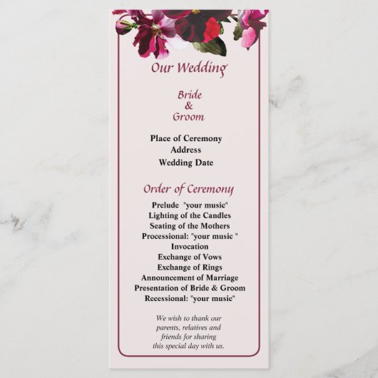 Hochzeitsprogramm für Rosa und Magenta-Stiefmütter Programm (Vorderseite)