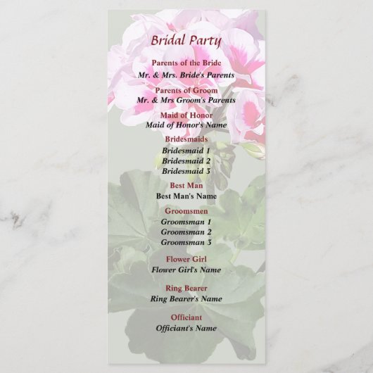Hochzeitsprogramm für Rosa und Rotes Geranium Programm (Rückseite)