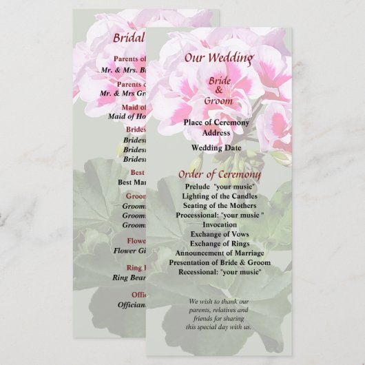Hochzeitsprogramm für Rosa und Rotes Geranium Programm (Vorne/Hinten)